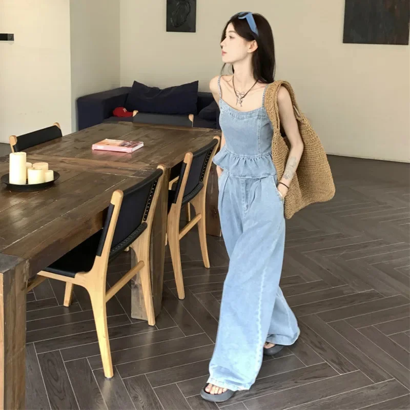 Cotton Denim Pants Suits For Women Loose Fahion Office Lady Style Sexy Backless Camisole Vest Tops High Waist Wide Leg Pants Set