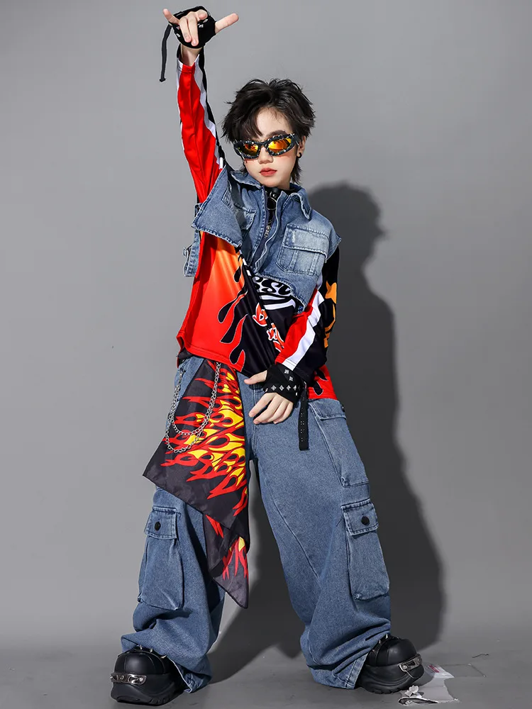 Kinder-Streetdance-Auftrittsoutfit Jungen Hip-Hop Denim-Kleidungsset Atmungsaktive Polyesterfaser Rundhals-Print-Design – Detail 21