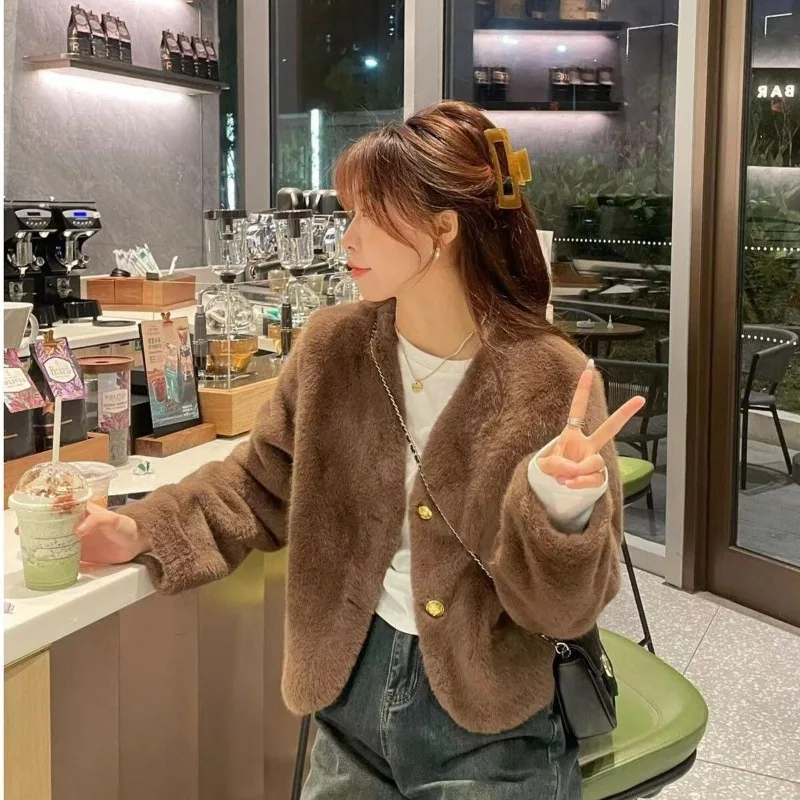 Women's 2026 Autumn Winter New Faux Mink Fur Coat Cropped Shearling Thick Warm Fashion Chic Coquette Trendy Outerwear