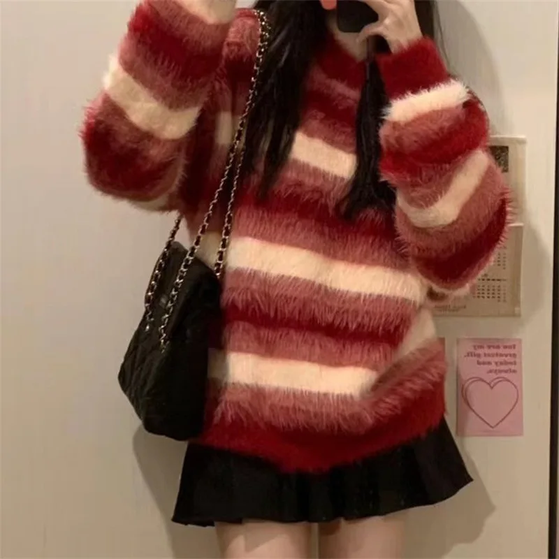 Pullovers women sweater 2026 casual mink fleece soft fluffy for autumn/Winter new striped knitted top women's clothing