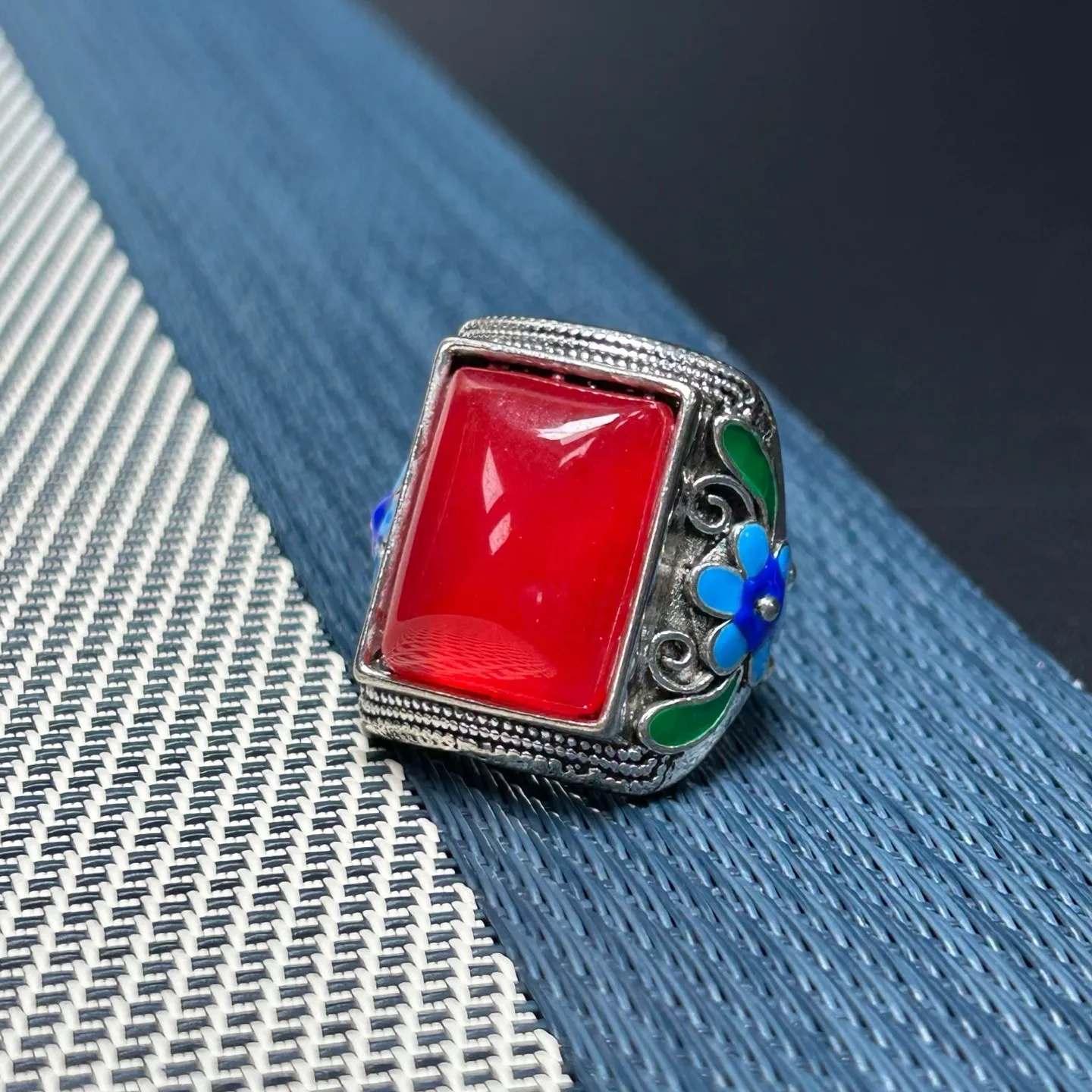 Real Natural Inlay high Ice Red Burmese Jade Jadeite Rings