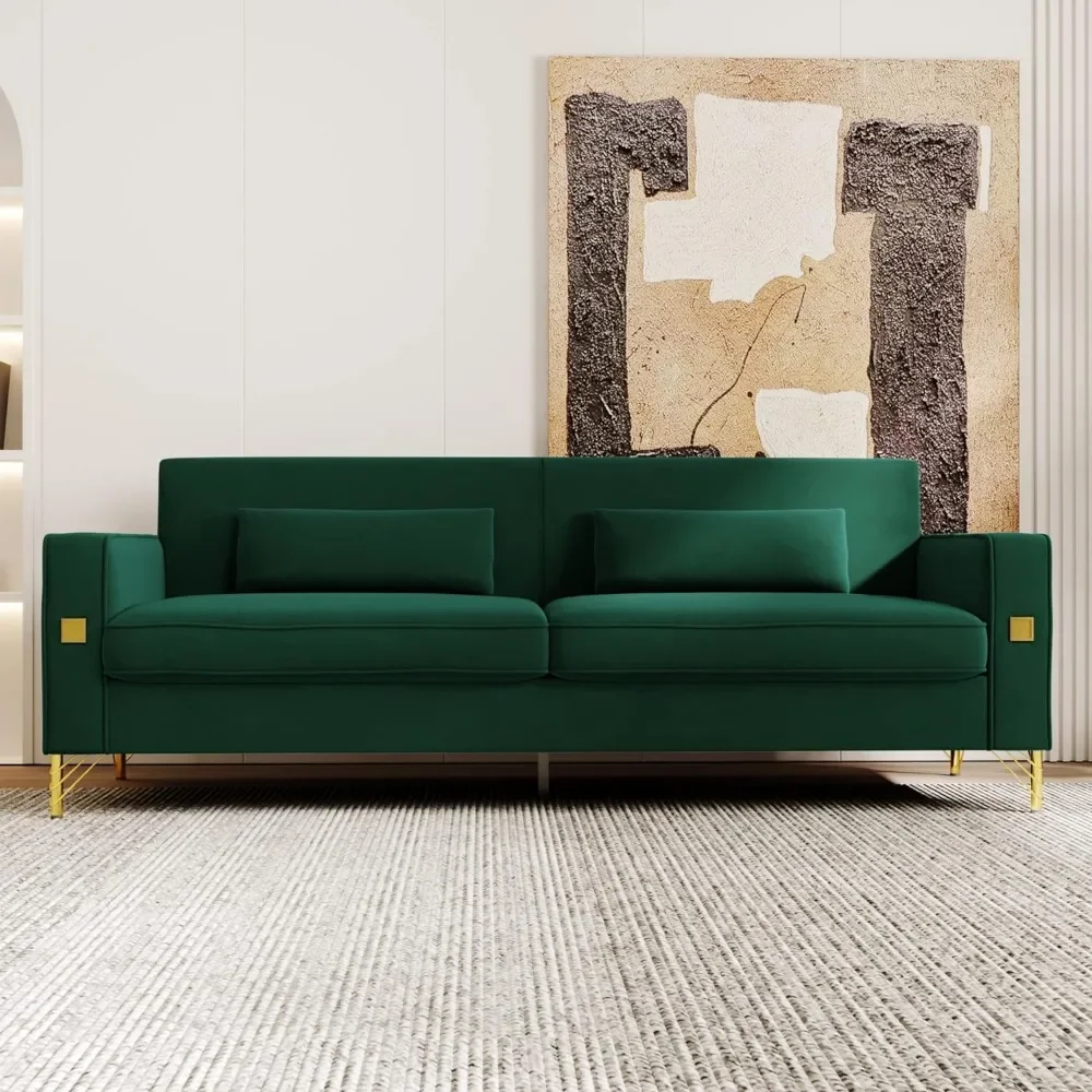 New 85 Inch Velvet Sofa, Mid-Century Modern 3-Seat Couch W/Armrest, Green Velvet Couch with 2 Pillows