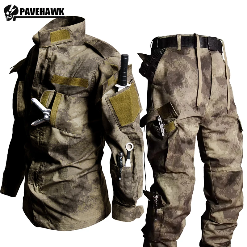 Hunting Tactics Set Mens ACU Camouflage Wear-resisting Training Uniform Waterproof Multi Pocket Outdoor Combat Suits Thin