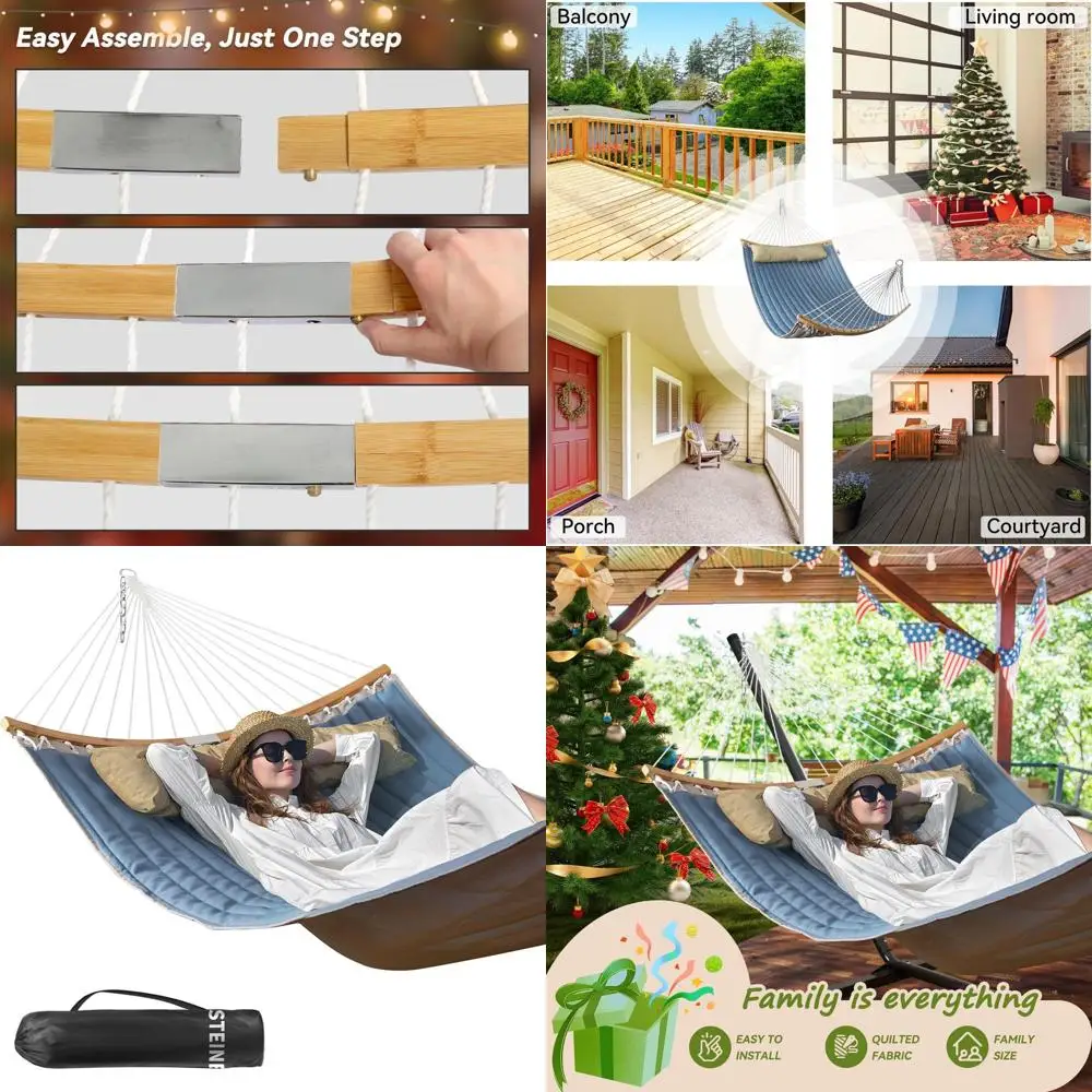 

11 FT Quilted 2 Person Outdoor Hammock with Pillow, Curved Spreader Bar, Chains, Carry Bag, 450 lbs Capacity, Jeans Blue