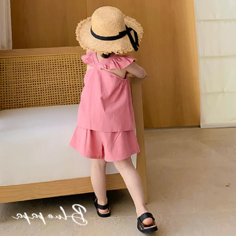 Girls' outfit with flutter-sleeve doll shirt and shorts26New summer children's clothing3-8Years Old