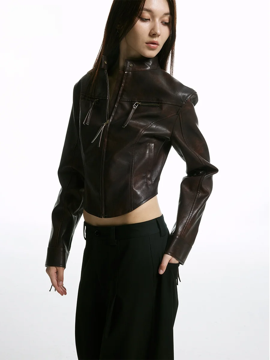Jaket Kulit PU Wanita Model Biker Slim Fit Warna Merah Wildund Browni dengan Ritsleting, Gaya Street Fashion
