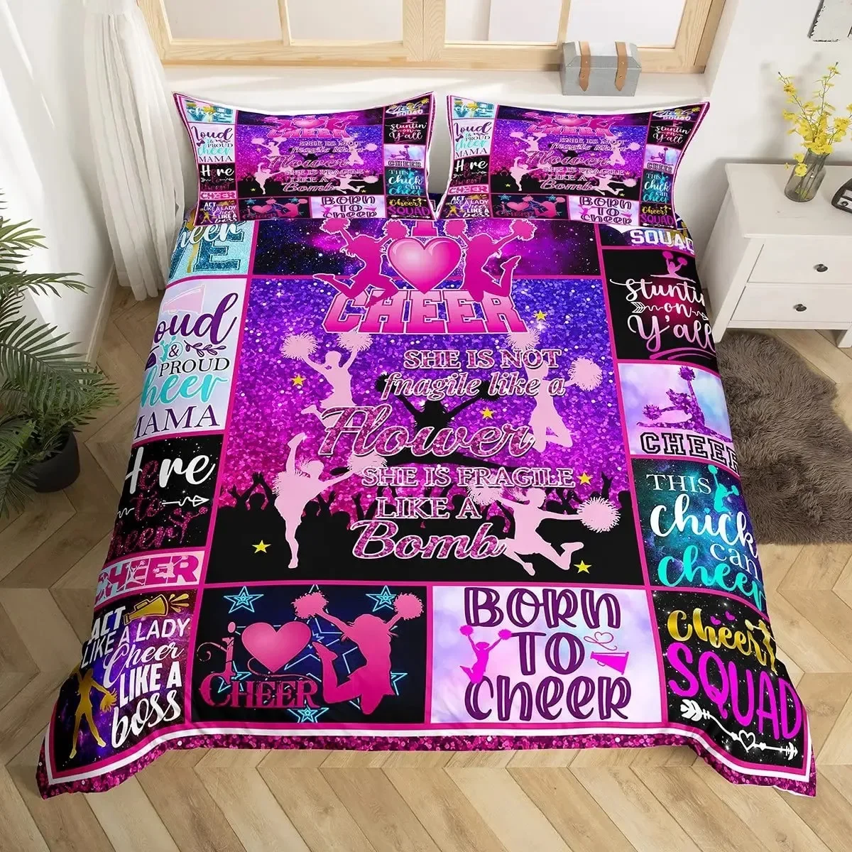

Cheerleader Duvet Cover Set Full Size,Girls Dancer Comforter Cover Geometric Checkered Bedding Set Girls Cheerleading Bedspread