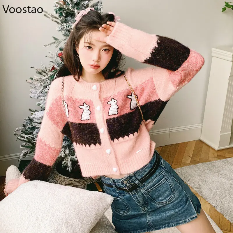 Y2k moda Kawaii Bunny sweter dziergany wiosna kobiety słodki O-Neck paski luźny sweter płaszcz jesień kobiet Chic dzianiny topy