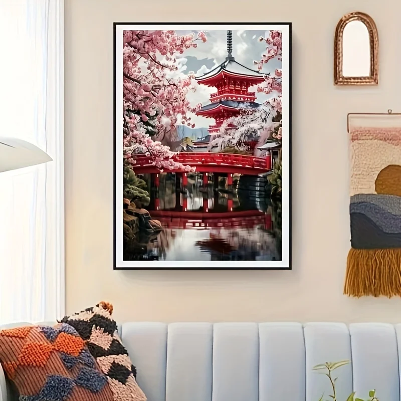

500/1000/1200/2000PCS Puzzles for Adults Sakura Bridge and Red Buildings Jigsaw Bedroom Living Room Modern Home Decoration Gift