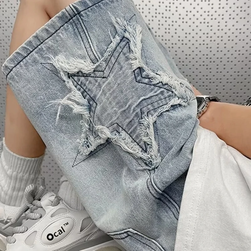 

Ripped Denim Shorts Men's Summer American Retro Washing Fashion Brand Pixie Street Loose Straight Five-point Pants Short Y2k