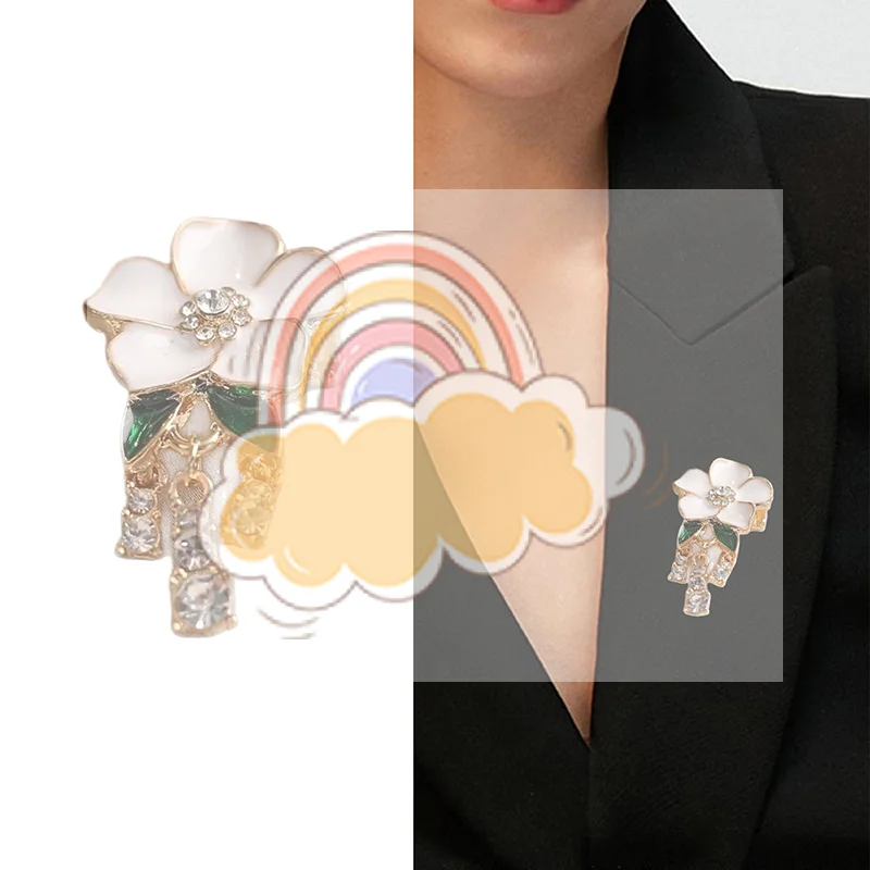 

Элегантные белые капельные масляные броши с цветком камелии для женщин, женская темпераментная брошь с кисточкой и стразами, вечерние повседневные украшения