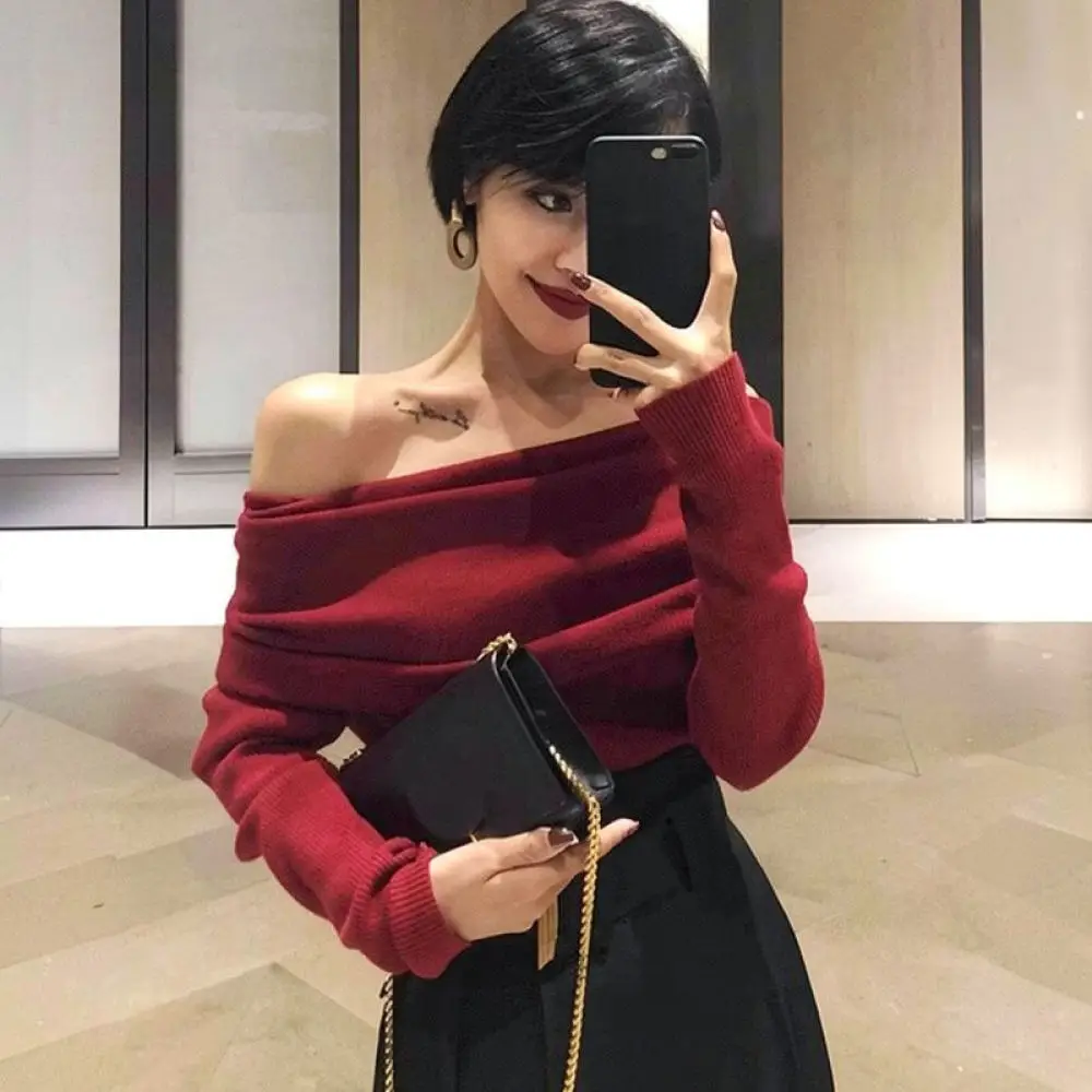 Vintage Off Shoulder Knitted Sweater Women Slim Long Sleeve Tops French Aesthetic Pullover Autumn Winter Casual Blouse