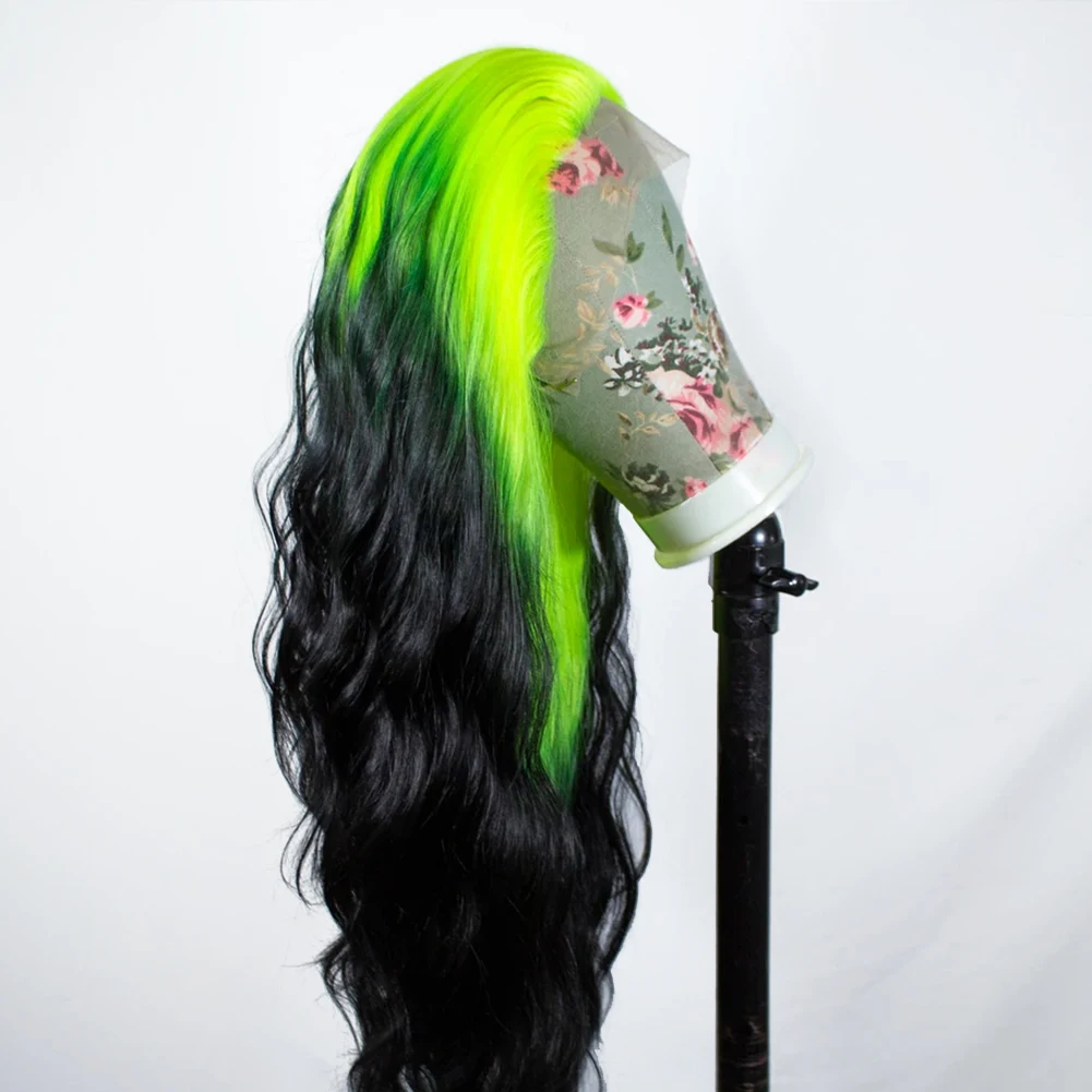 AIMEYA Synthetic Lace Wig Ombre Green/Black Lace Front Wigs for Women Free Part Synthetic Loose Wave Wig Heat Resistant Daily Us