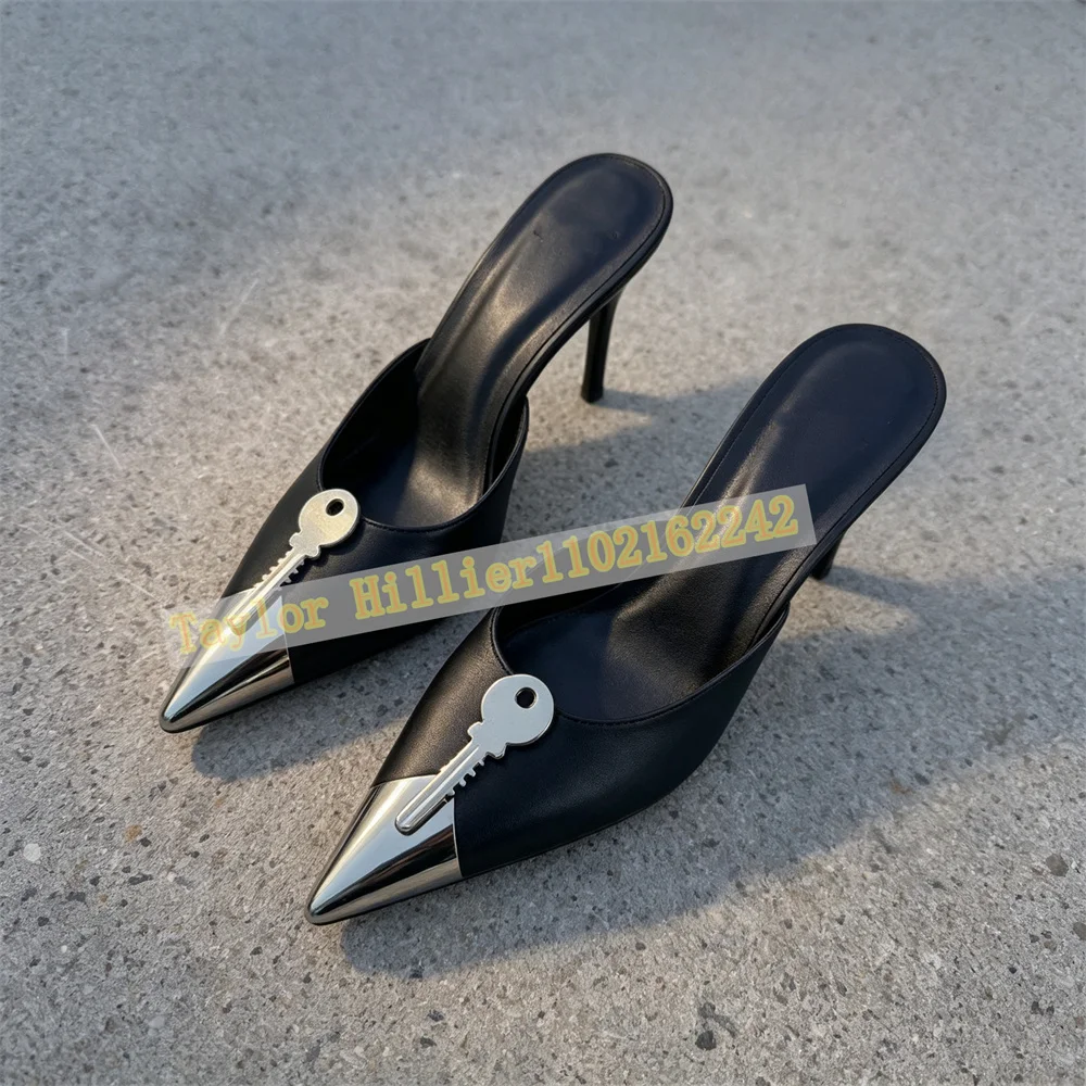 Women Pointed Toe High Heel Slippers Mule Shoes Stiletto Slip On Backless Metallic Toe Key Detail Black Evening Fashion Footwear