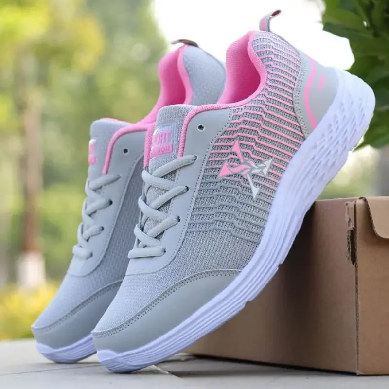 Sports Shoes for Fitness for Women Lightweight Breathable Running Shoes Non Slip Knitted Pink Sneakers Soft SoleCasual Flats Gra