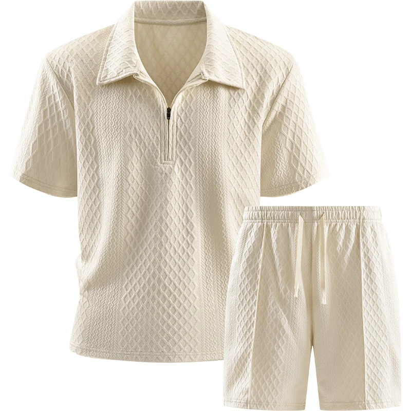 

2026 Men Europe and the United States new summer Waffle solid color zip-up lapel short-sleeve suit shorts two sets