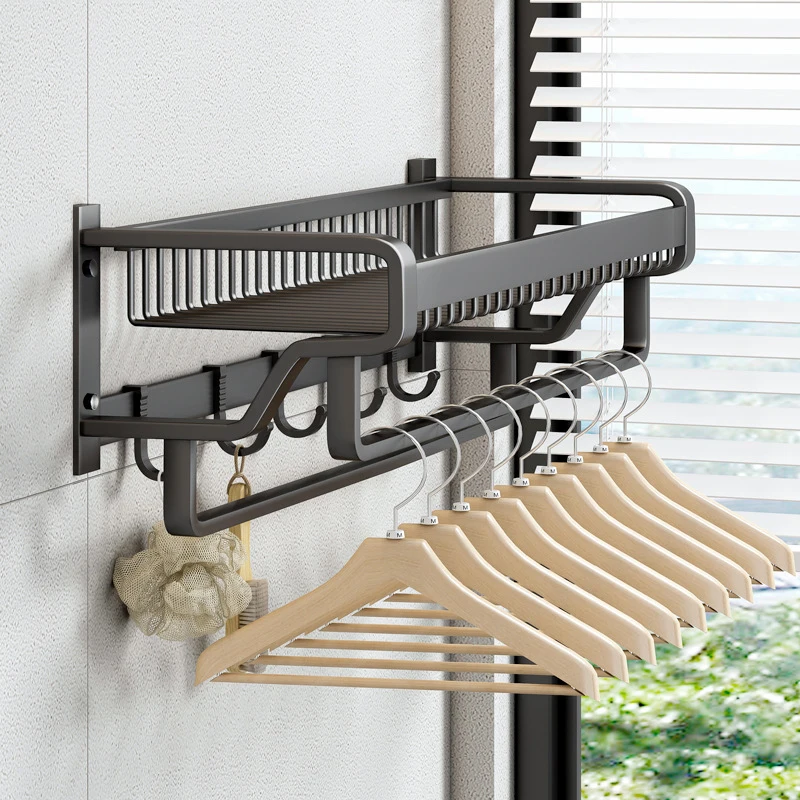 OUGOO Towel Rack 37-57 CM With Hook Bathroom Accessories Wall Mount Rail Shower Hanger Aluminum Matte Black Shelf