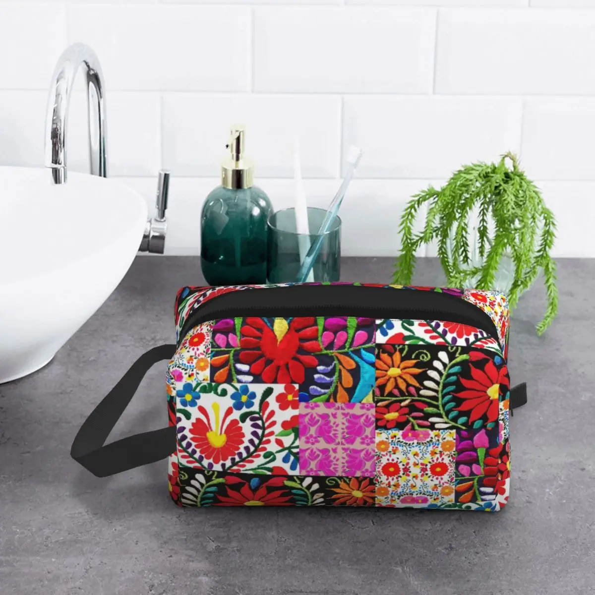 Custom Mexican Flower Patchwork Print Makeup Bag for Women Travel Cosmetic Organizer Kawaii Storage Toiletry Bags