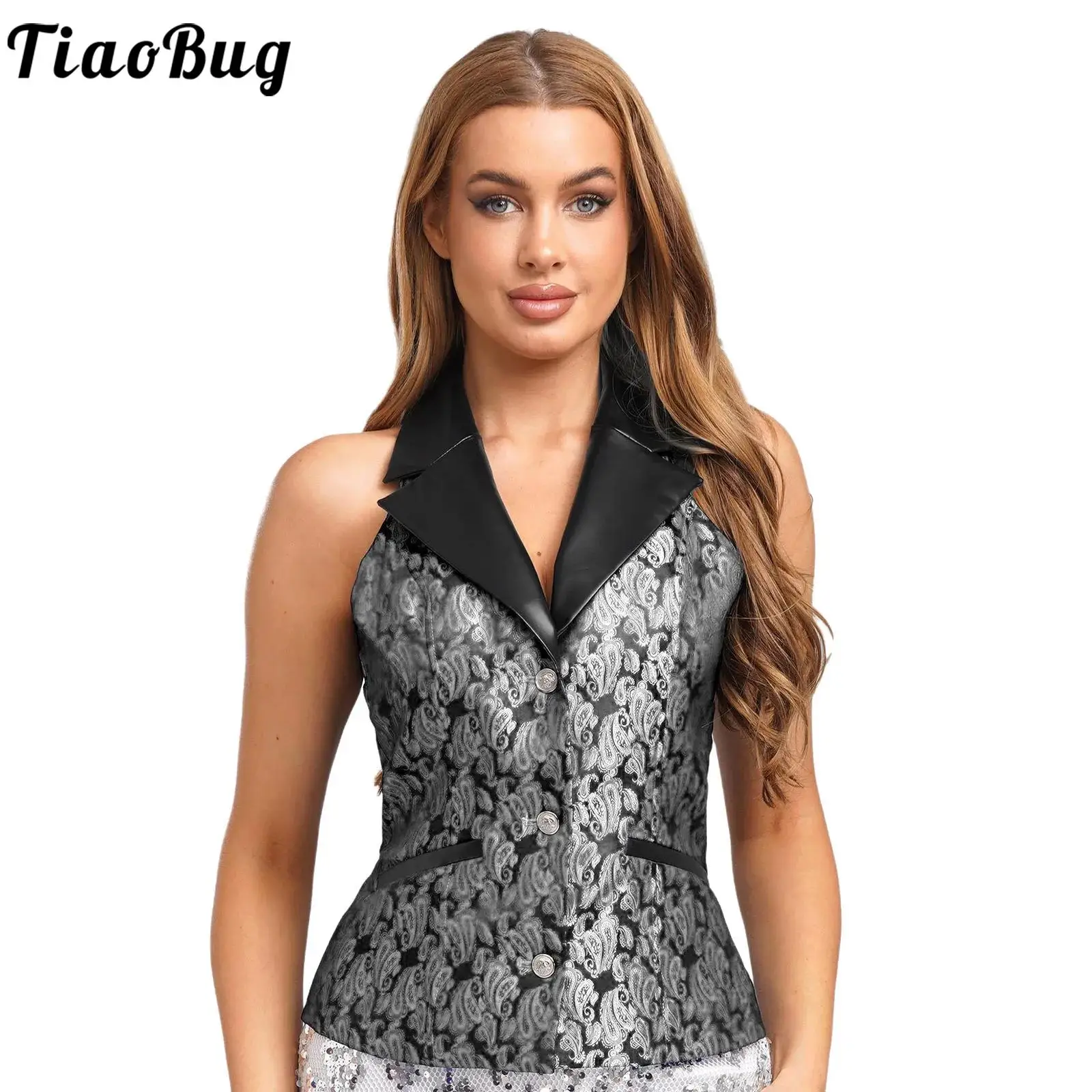 

Women Retro Gothic Steampunk Stylish Tank Tops Waistcoat Soft Leather Patchwork Button-down Vest for Formal Occasion Office Wear