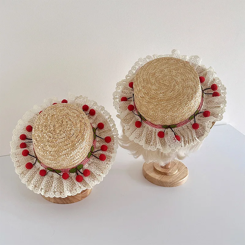

Straw straw hat women's summer new parent-child cherry lace short brim flat top sun hat seaside vacation sun hat