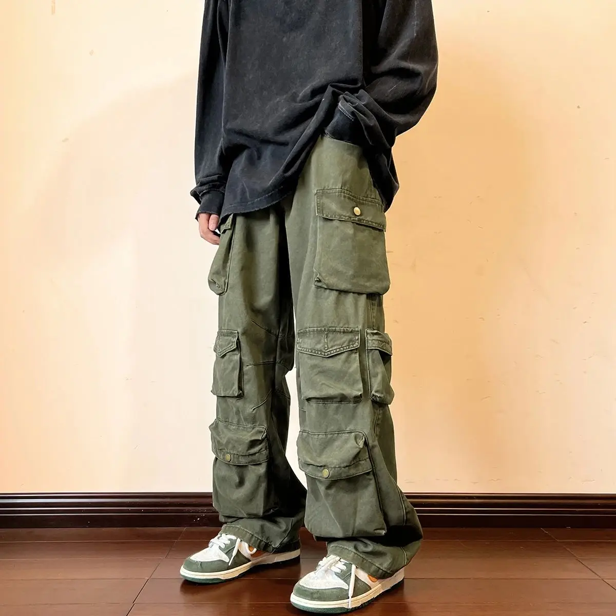 

Youth Vitality Style Cargo Pants Multipockets Tooling Harajuku Men's Vintage Straight Leg Eighteen Pants Casual Wear