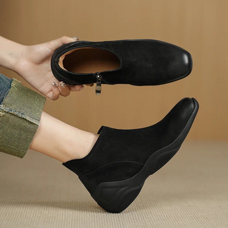 2026 new autumn winter natural leather women ankle boots 22-25cm brush color cowhide square toe side zip flat heel short boots