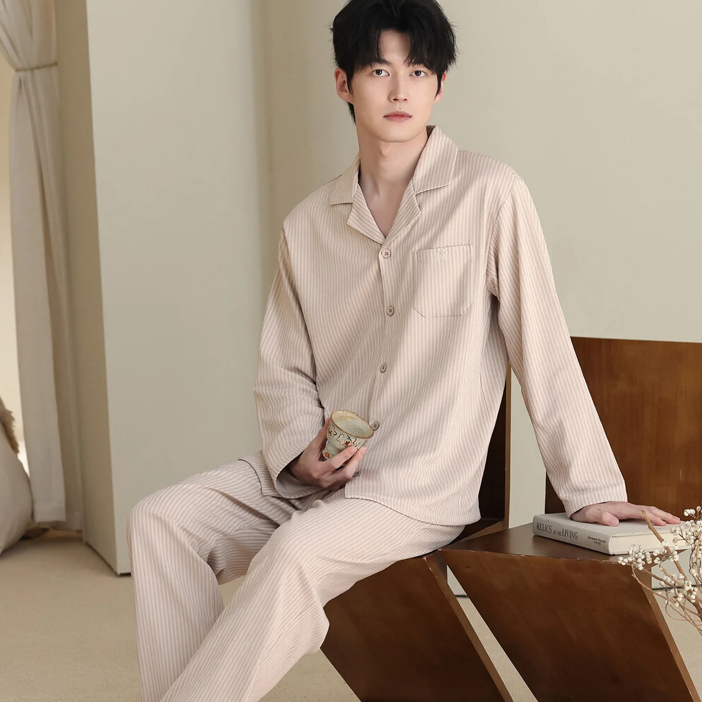 Autumn Men Casual Loungewear 2026 New 100% Cotton Double Gauze Lapel Cardigan Long Sleeve Pajama Suit For Men Japan Style Pjs