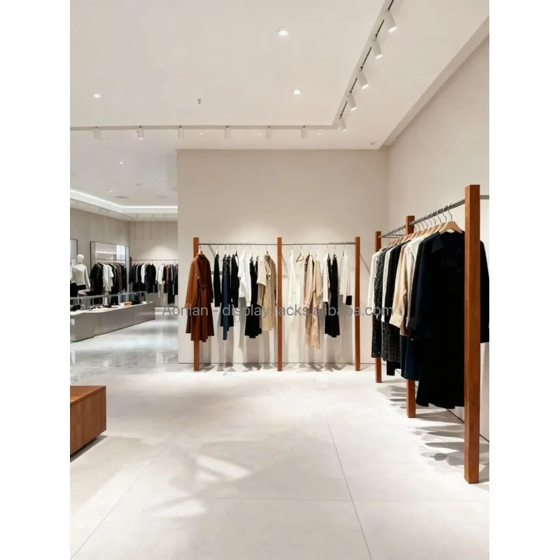 custom.Clothing Wall Mounted Display Rack Stainless Steel Wood Grain Color Floor-Standing Clothes Hanger Shelf