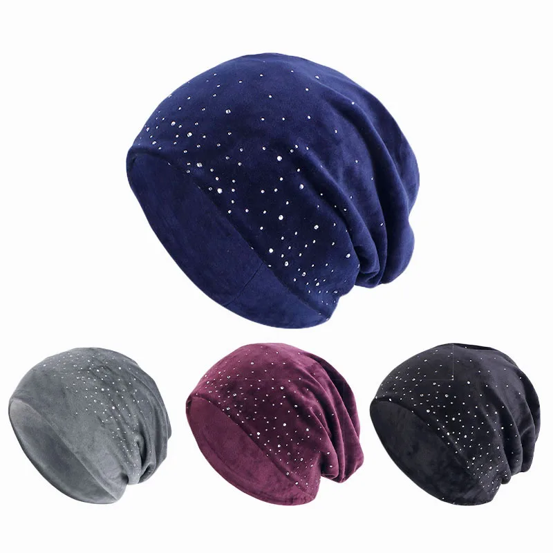 

New Women Rhinestone Decor Velvet Slouchy Beanie Baggy Hat Solid Color Elastic Skull Cap Lightweight Warm Beanies Chemo Cap