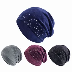 New Women Rhinestone Decor Velvet Slouchy Beanie Baggy Hat Solid Color Elastic Skull Cap Lightweight Warm Beanies Chemo Cap