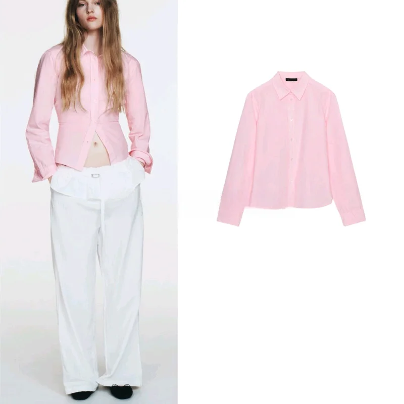 

Новая весенняя женская рубашка розового цвета, простая, с длинным рукавом, отложным воротником, из шелковистой ткани, свободного кроя, 100% полиэстер