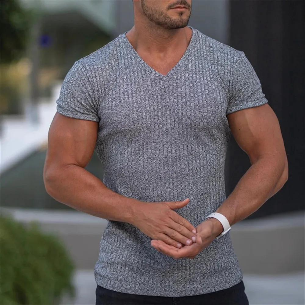 2024 New Mens V Neck Sports T-Shirt Summer Gym Fitness Sports Solid Color Fashion Man Short Sleeve Casual Slim Fit T-Shirt Top