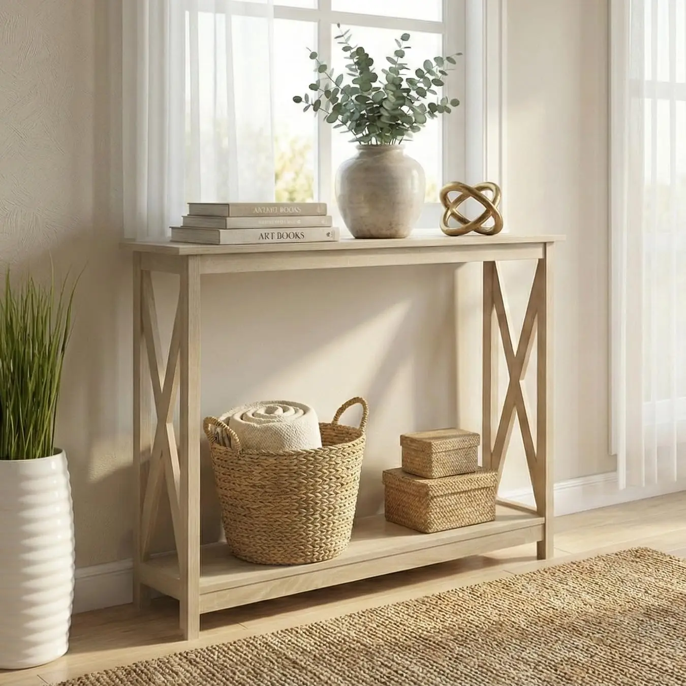 

Modern Farmhouse Wood Console Entry Sofa Table 2-Tier Storage 39 Inch White Oak, Customized