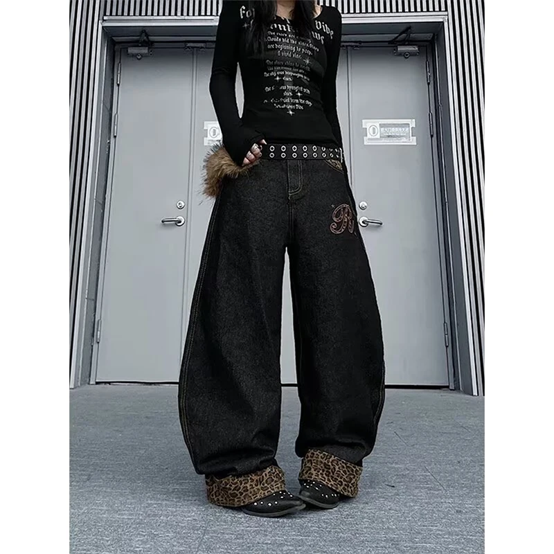 2026 New Women Leopard Patchwork Baggy Jeans High Waist Curved Leg Wide Leg Denim Pants with Embroidered Streetwear Trousers ﻿