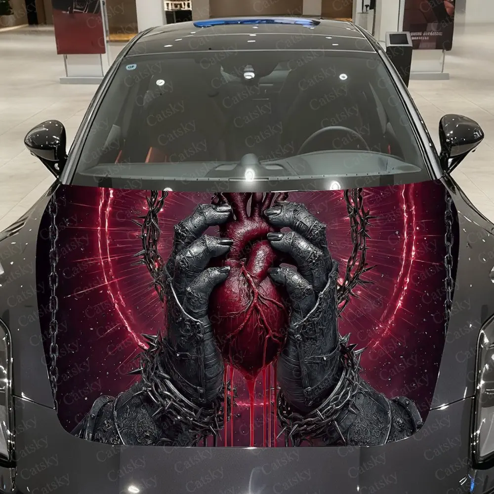 

Виниловая пленка для автомобиля с изображением Священного Сердца и цепей, водонепроницаемая наклейка из ПВХ, самоклеящаяся, устойчивая к царапинам наклейка на крышку двигателя