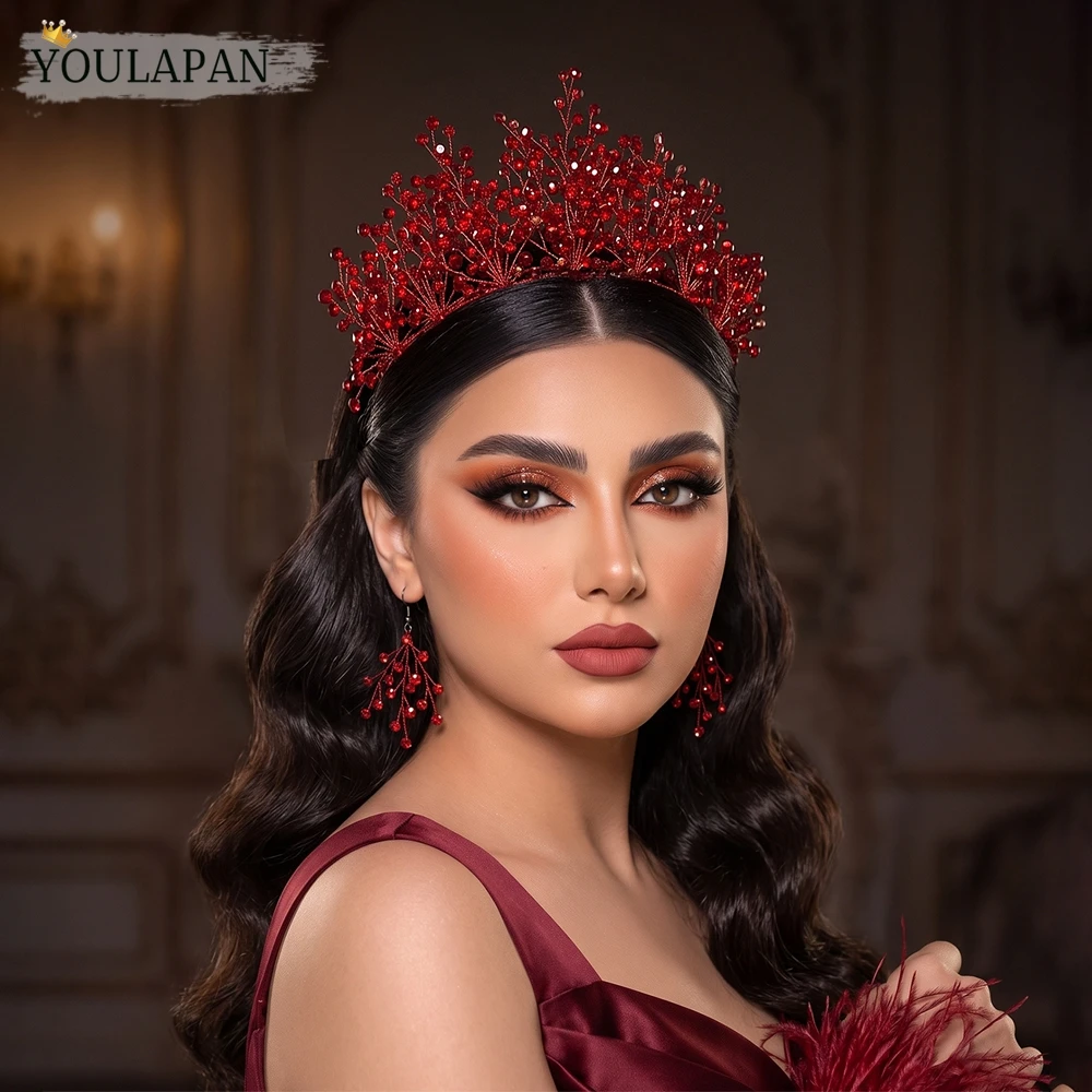 YouLaPan Luxury Red Color Rhinestone Bridal Crown Set Wedding Tiara Headpieces Party Banquet Headband Hair Accessories A234