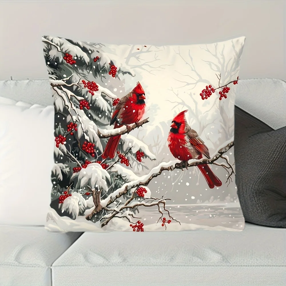 1pc Winter Cardinal Birds Double‑Sided Print Pillow Cover, Cushion Case for Sofa Bedroom, Insert Not Included, Xmas Home Decor
