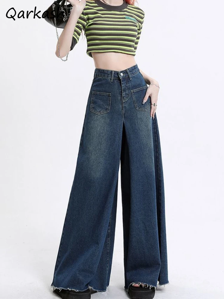 High Waist Retro Wide Leg Jeans for Women Spring Comfortable New Arrival American Style Straight Streetwear Floor-mop Pockets