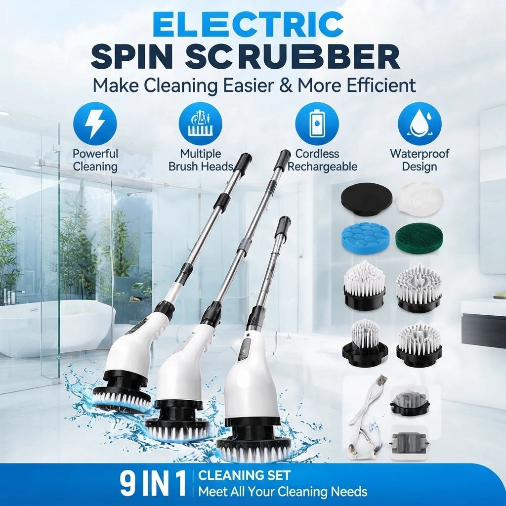 9-in-1 Wireless Electric Cleaning Brush – Rotating Shower Scrubber with Adjustable Telescopic Handle, Multiple Replaceable Head