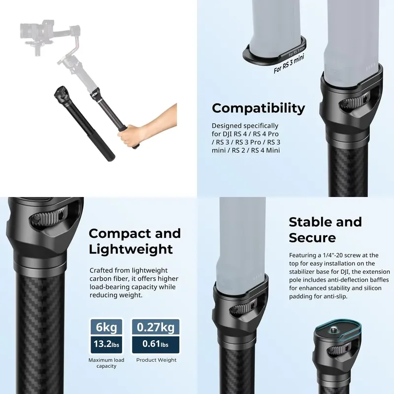 

【CHIMU HOME】15Inch 37cm Carbon Fiber Gimbal Extension Pole, Anti-Deflection Baffle Fit RS4 Mini RS Series