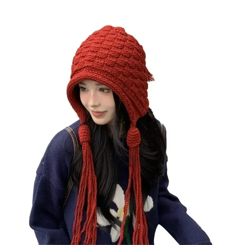 31BB Вязаная шапка ручной работы крючком Модная шапка с бахромой и косами для девочек Муфта для ушей Шапка с помпоном