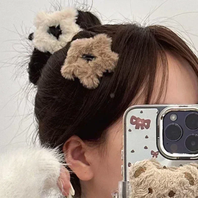 1/4pcs Y2K Girls Sweet Fluffy Star Hairpins Children Kids Faux Fur Bobby Pin Solid Color Pentagram Hair Clip Cute Side Hair Grip