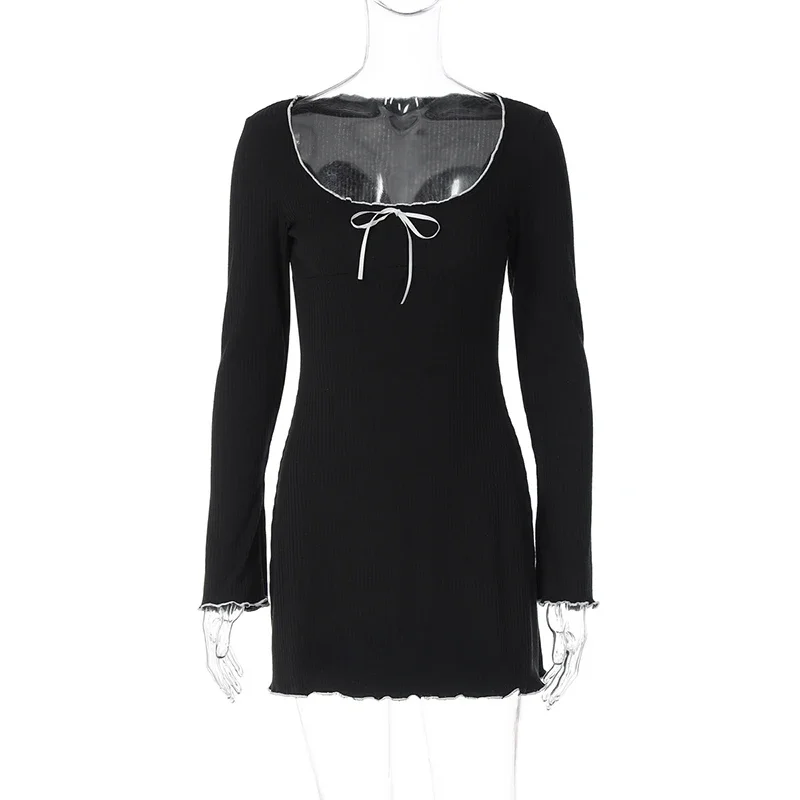 コントラストファングスミニドレス 女性用 Uネック ハイウエスト 長袖ドレス 2025年秋新作 ボディコン オフィスレディー パーティー服