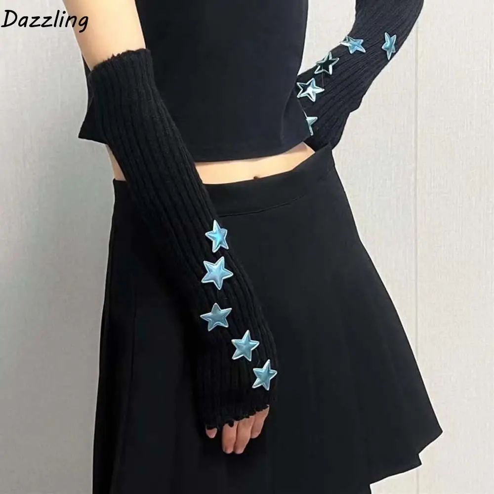 Elastic Knitted Fingerless Sleeves Long Gothic Y2K Star Arm Cover Half Palm Solid Color Warmer Long Cuff Cycling