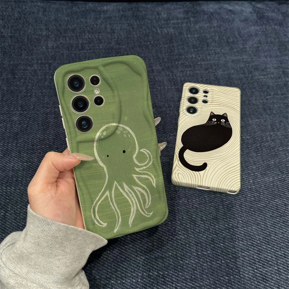 Cartoon Black Cat Art For Samsung Galaxy S21 S23 S24 S25 S26 FE Lite Plus Ultra 5G Wave Oil Film Phone Case