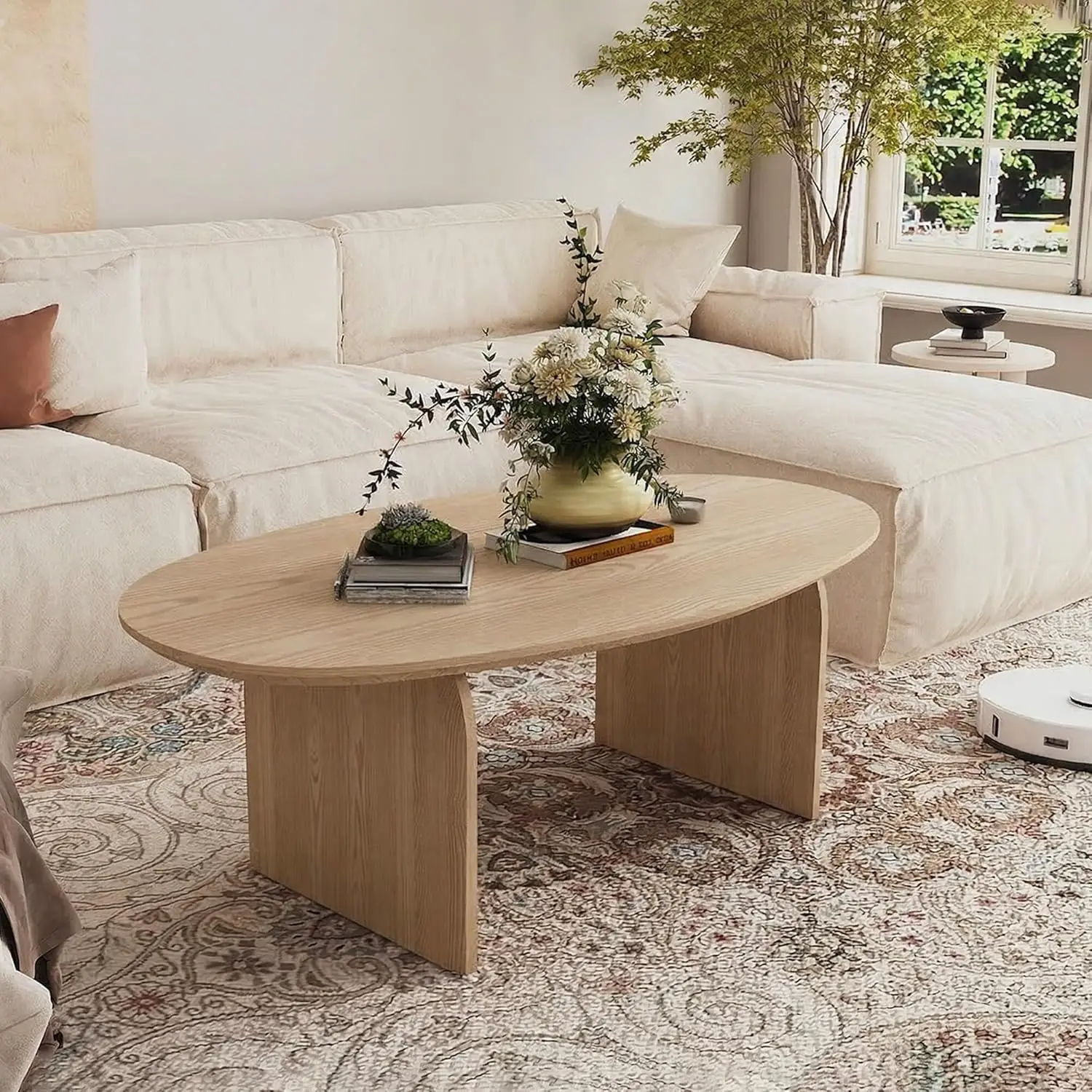 

Овальный деревянный кофейный столик с закругленными краями, ножки из массива шпона, для гостиной, 47,2 дюйма, прочный, простая сборка, натуральный, на заказ