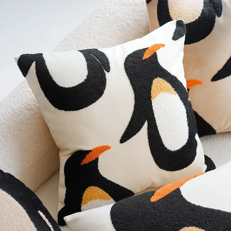 Cartoon Penguin Pillowcase Embroidery Cushion Cover Ins Style Children Home Decorative Cotton Pillowcase for Living Room