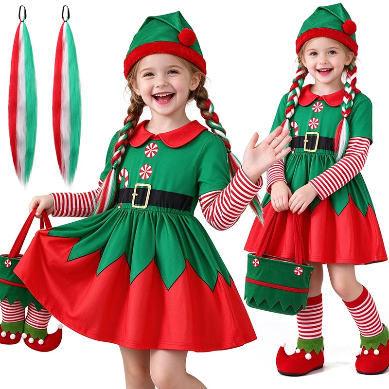 High Quality Fake Two-Piece Red White Striped Long Sleeve Green Elf Dress for Girls Holiday Party Stage Performance Kids Clothes