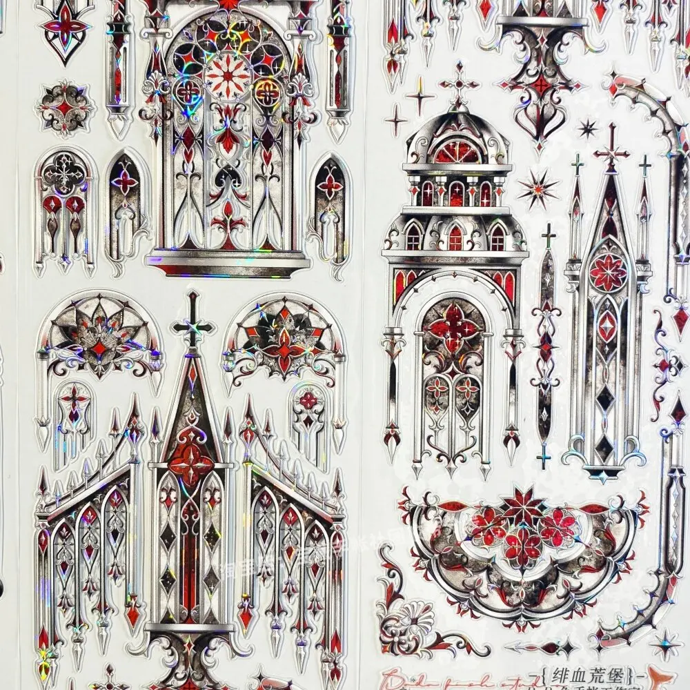 Crimson Blood Castle PET Tape Sample, Cut-out Bloody Castle Style DIY Stickers for Journaling Scrapbooking Shaker Card Making