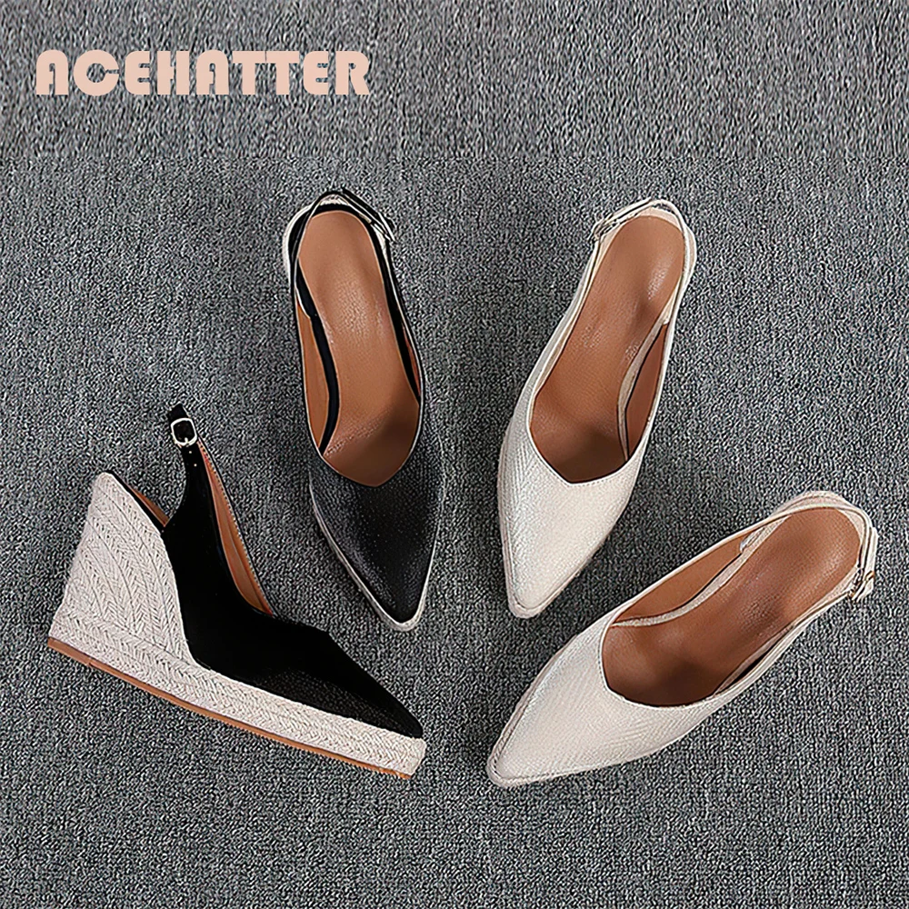 Womens Summer Block Heel Shoe Jute Platform Wedge Sandals Big Size Ankle Buckle Strap Pointy 10cm High-heeled Espadrille Shoes